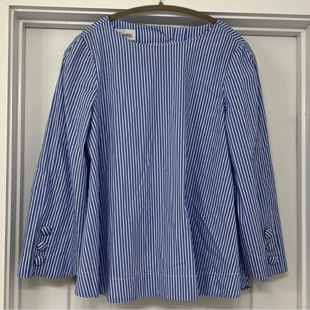 Sara Campbell Blue and White Striped Blouse - scalloped with swing back